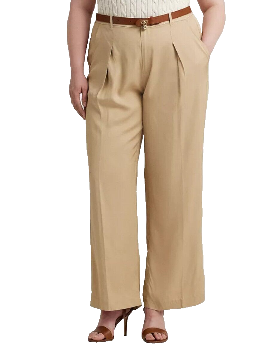Lauren Ralph Lauren Women's Tan Solid High-Rise Wide-Leg Pants Plus Size 22W