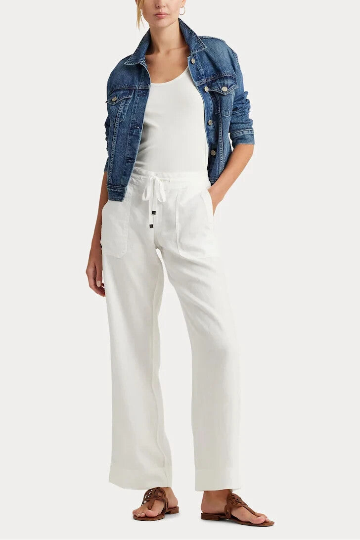 Lauren Ralph Lauren White Jovon Linen Wide Leg Trousers Linen Pants Size 20W