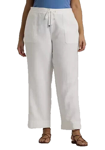 Lauren Ralph Lauren Women's White Solid Linen Pockets Drawcord Pants Size 14W
