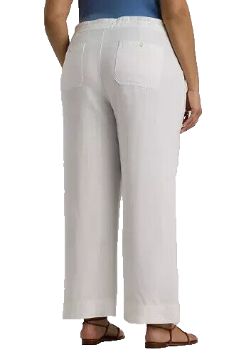 Lauren Ralph Lauren Women's White Solid Linen Pockets Drawcord Pants Size 14W